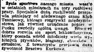 Wycinek prasowy ze "Słowa Pomorskiego" z dnia 10 października 1933 roku zawierający artykuł pt. "Życie sportowe naszego mista"